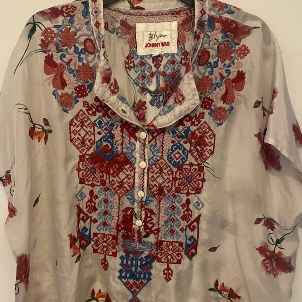 Johnny Was Biya Women's Floral Embroidered Top - Multicolor. Size L.